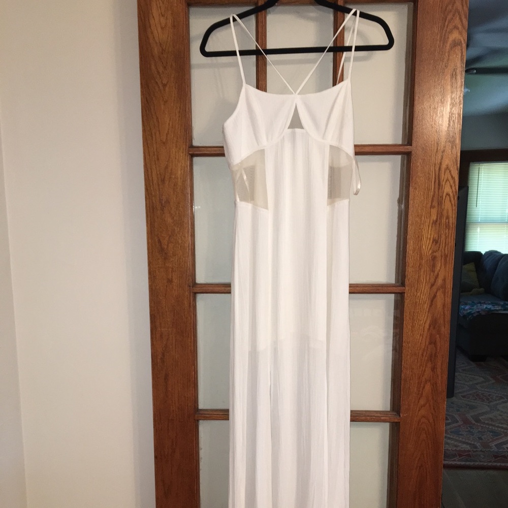 BCBG white maxi dress with mesh cut-outs